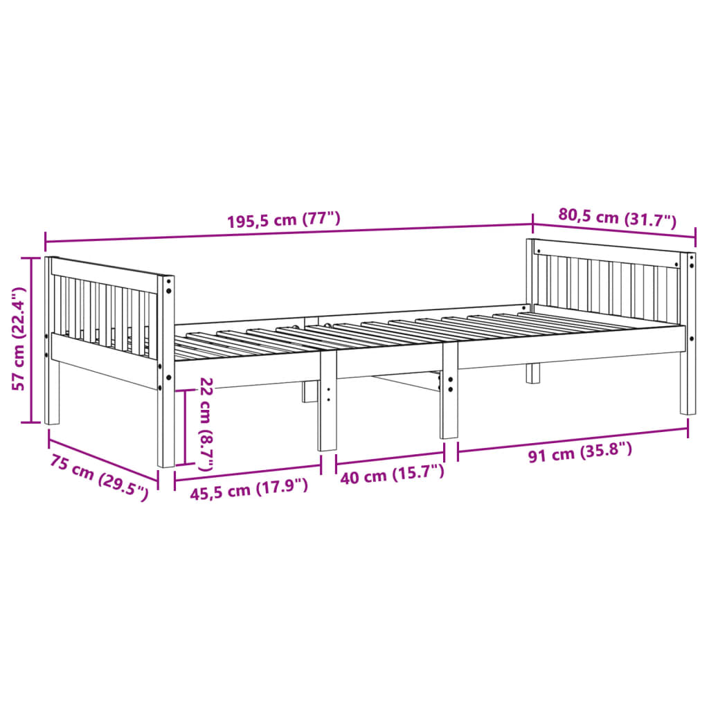 Cama para niños sin colchón madera maciza de pino 75x190 cm