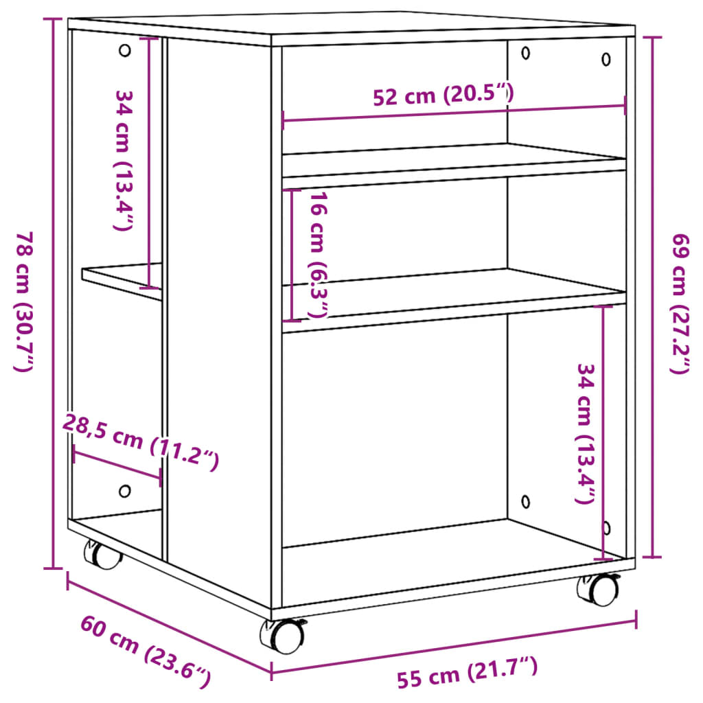Mesa auxiliar ruedas madera ingeniería gris hormigón 55x60x78cm