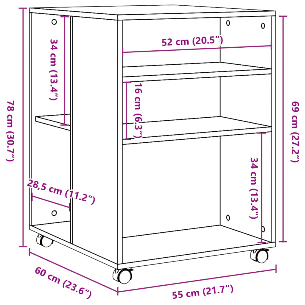 Mesa auxiliar ruedas madera ingeniería roble ahumado 55x60x78cm