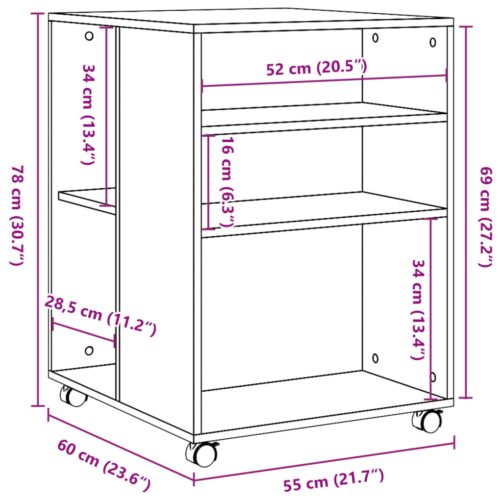 Mesa auxiliar ruedas madera ingeniería gris Sonoma 55x60x78 cm