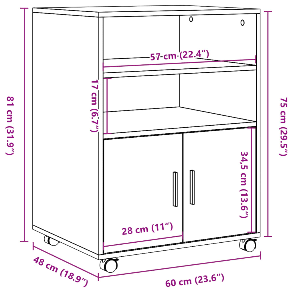 Armario con ruedas madera ingeniería marrón roble 60x48x81 cm