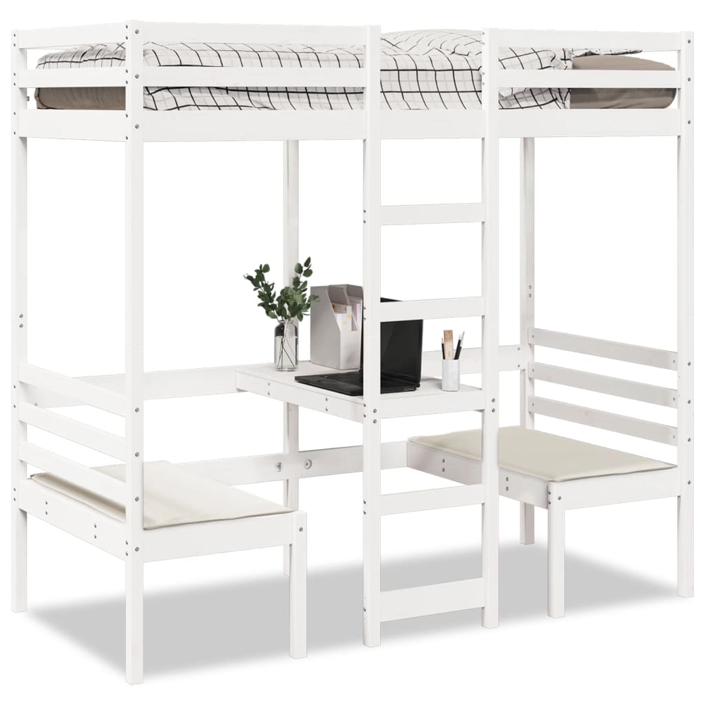 Cama alta con escritorio y asientos madera maciza 75x190 cm