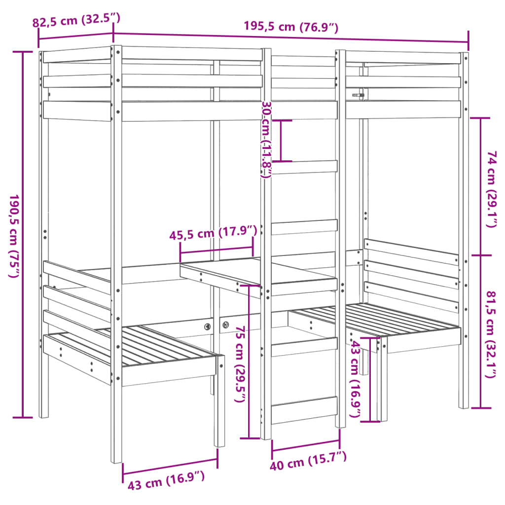 Cama alta con escritorio y asientos madera maciza 75x190 cm