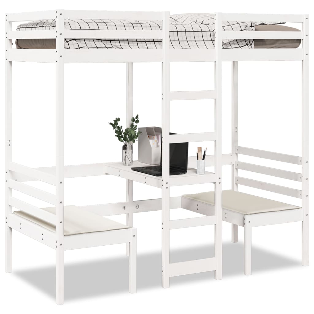 Cama alta con escritorio y asientos madera maciza 75x190 cm