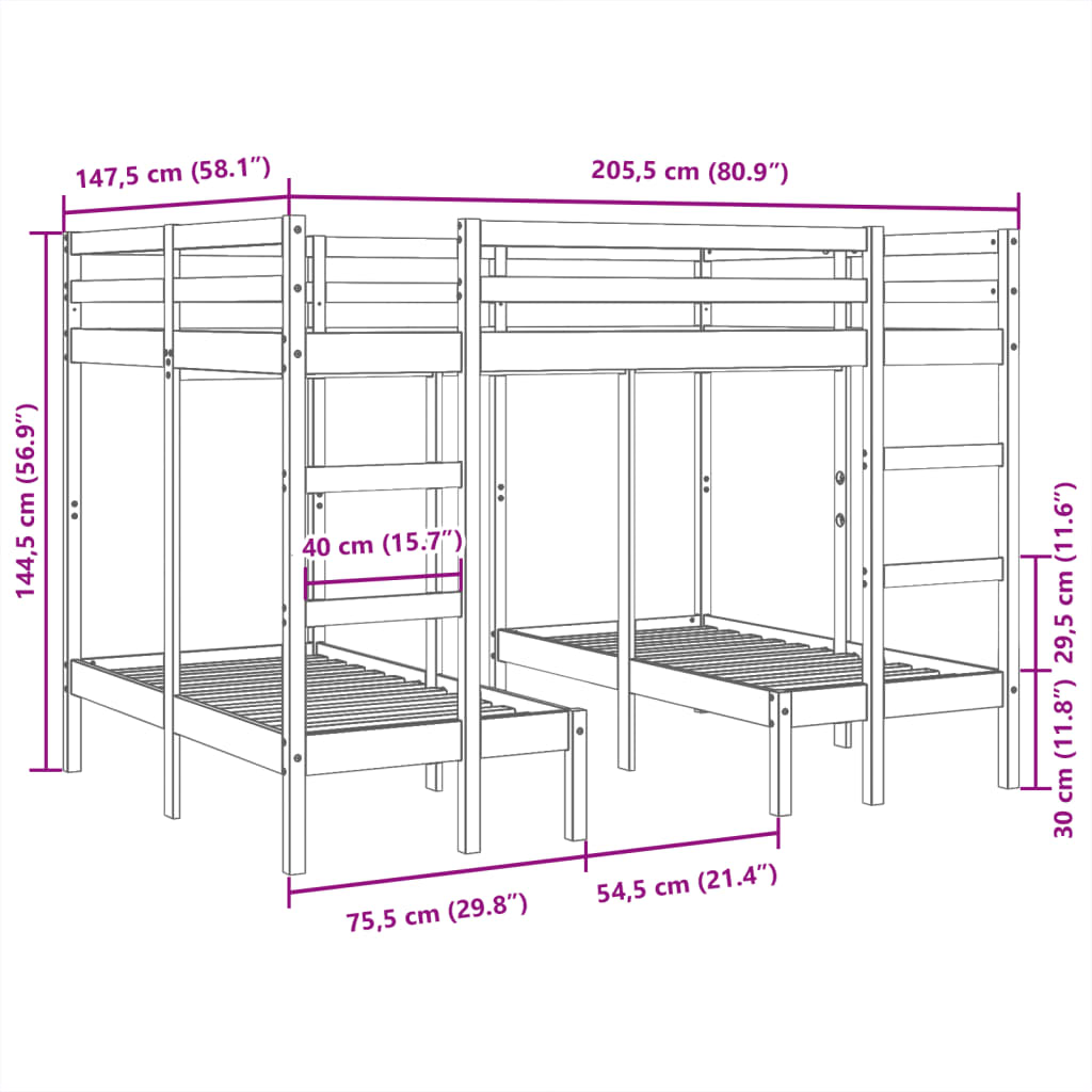 Estructura de litera triple madera de pino 140x200/70x140 cm
