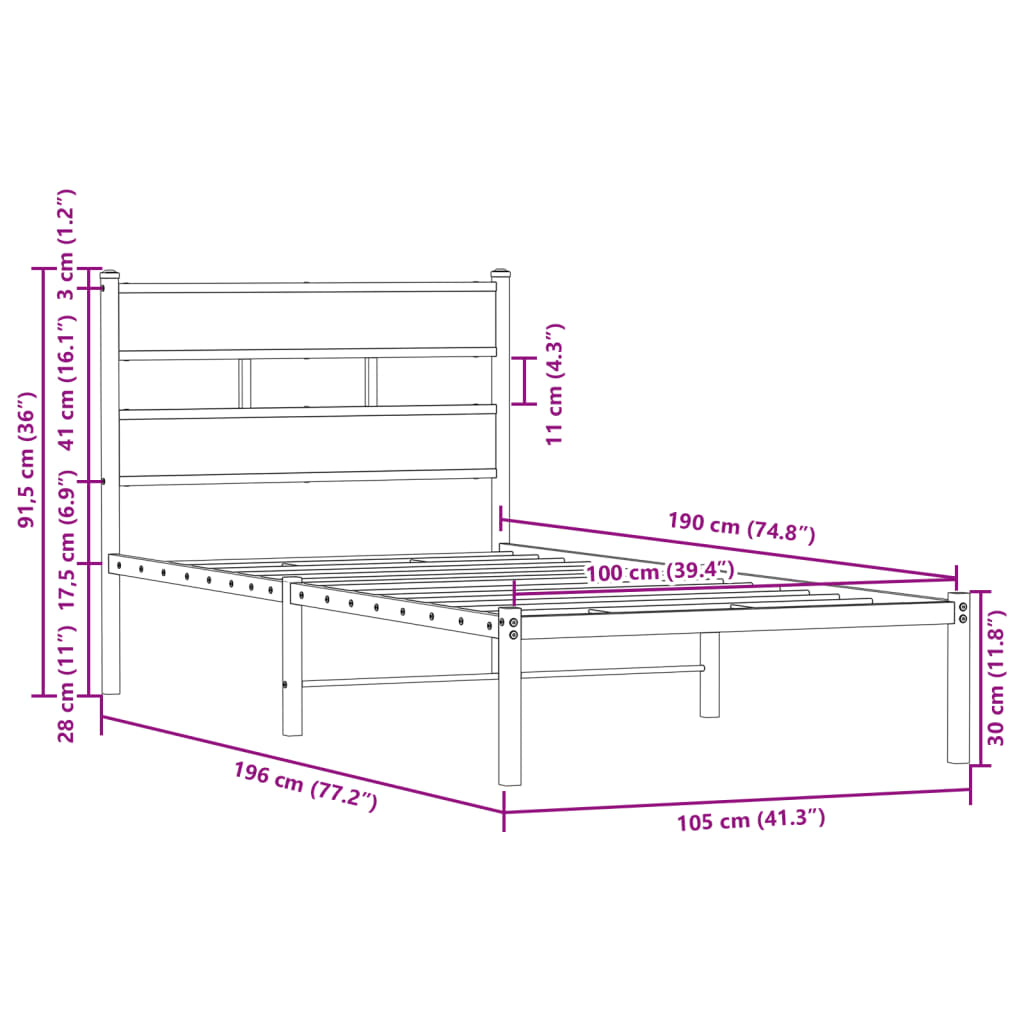 Estructura cama con cabecero sin colchón marrón roble 100x190cm