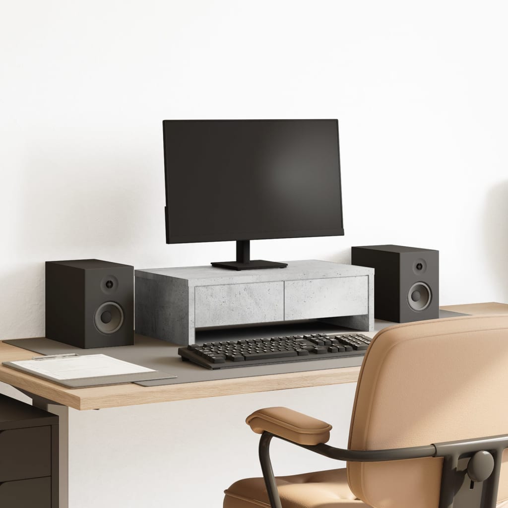 Soporte de monitor cajones madera gris hormigón 100x27x15 cm