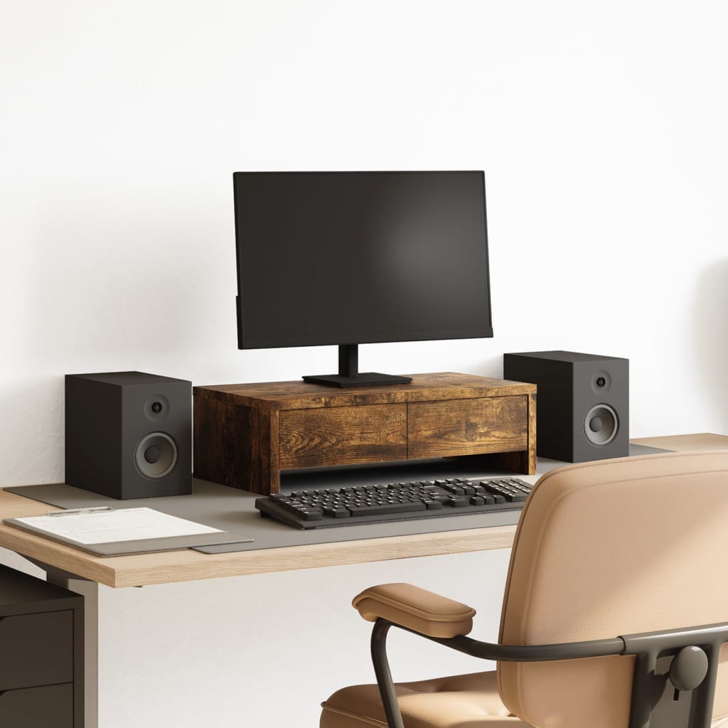 Soporte de monitor cajones madera gris hormigón 100x27x15 cm