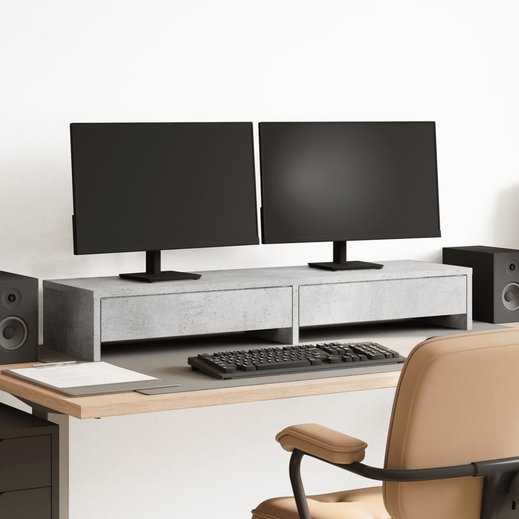 Soporte de monitor cajones madera gris hormigón 100x27x15 cm