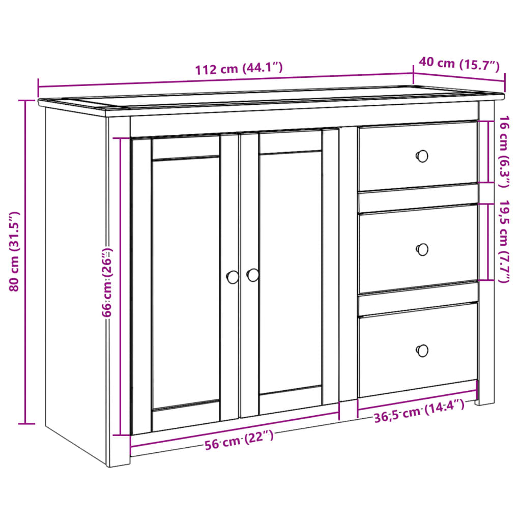 Aparador con cajones PANAMA madera maciza pino 112x40x80 cm