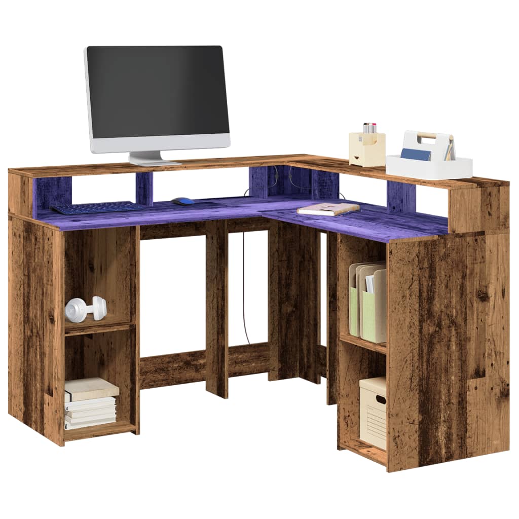 Escritorio con LED madera ingeniería envejecida 120x55x91 cm