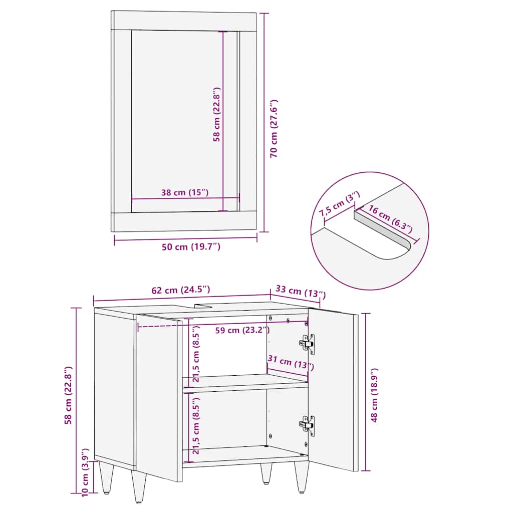 Conjunto de muebles de baño 2 piezas madera maciza de mango