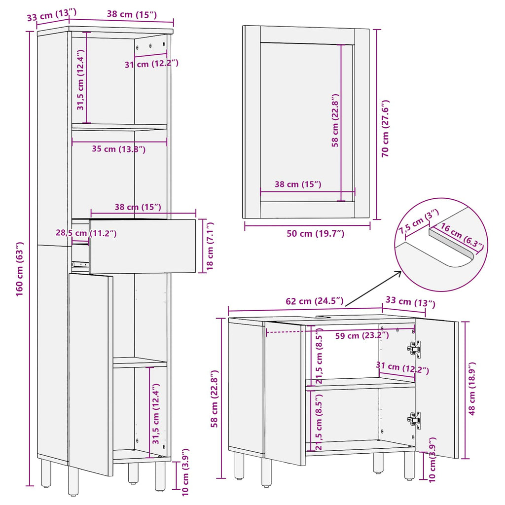 Juegos de Baño 3 pcs Acabado de Lavado Madera de mango maciza
