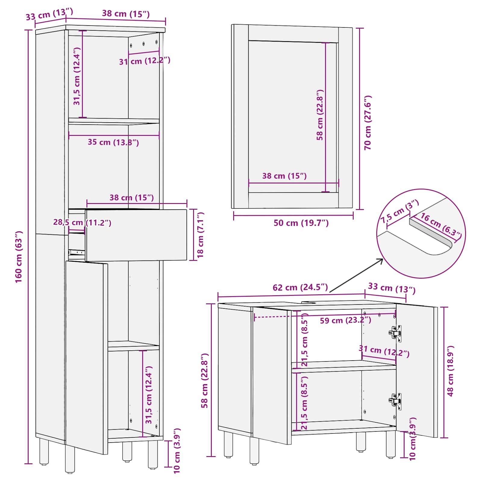 Juegos de Baño 3 pcs Acabado de Lavado Madera de mango maciza