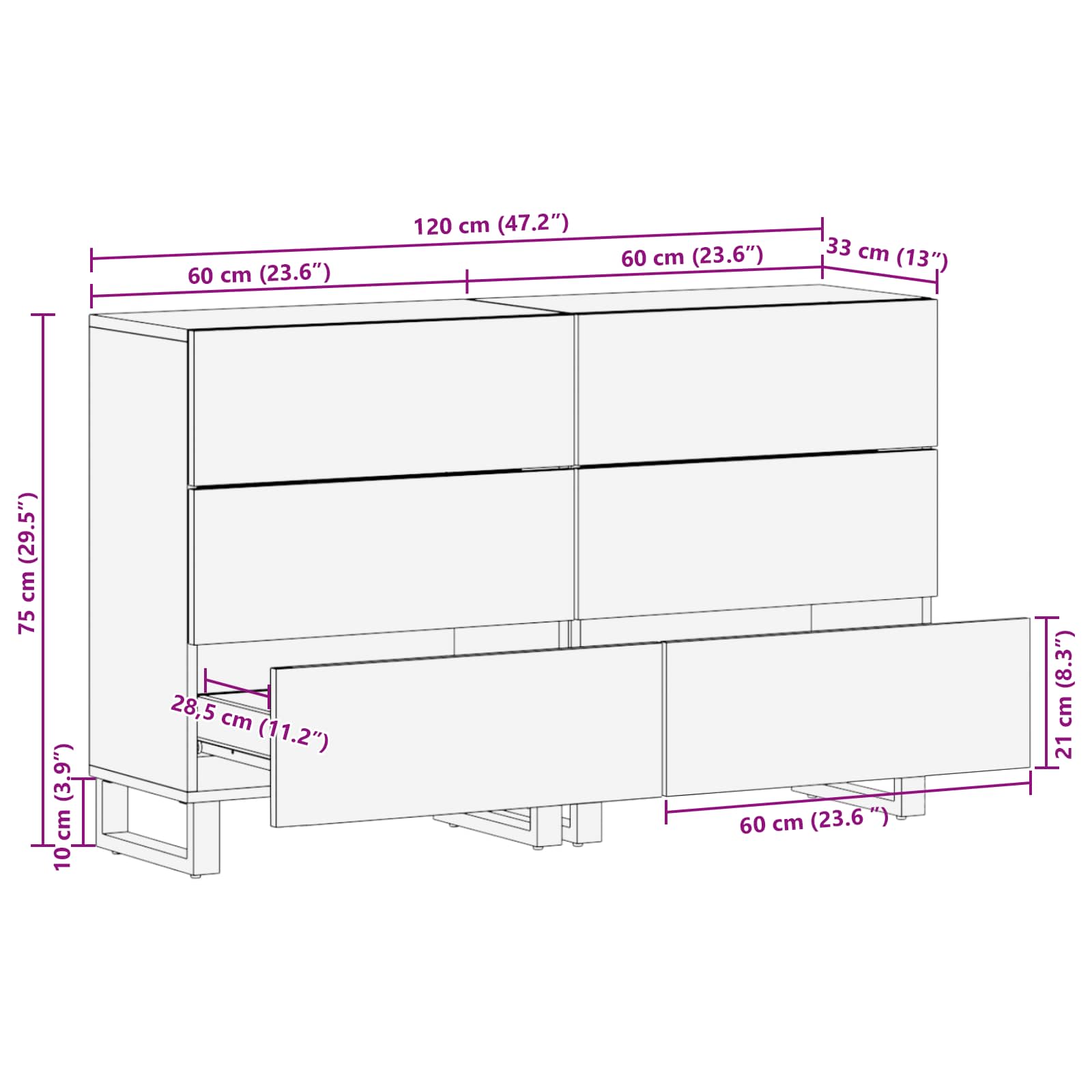 Aparador 2 pcs Marrón 60 x 33 x 75 cm Madera de mango maciza