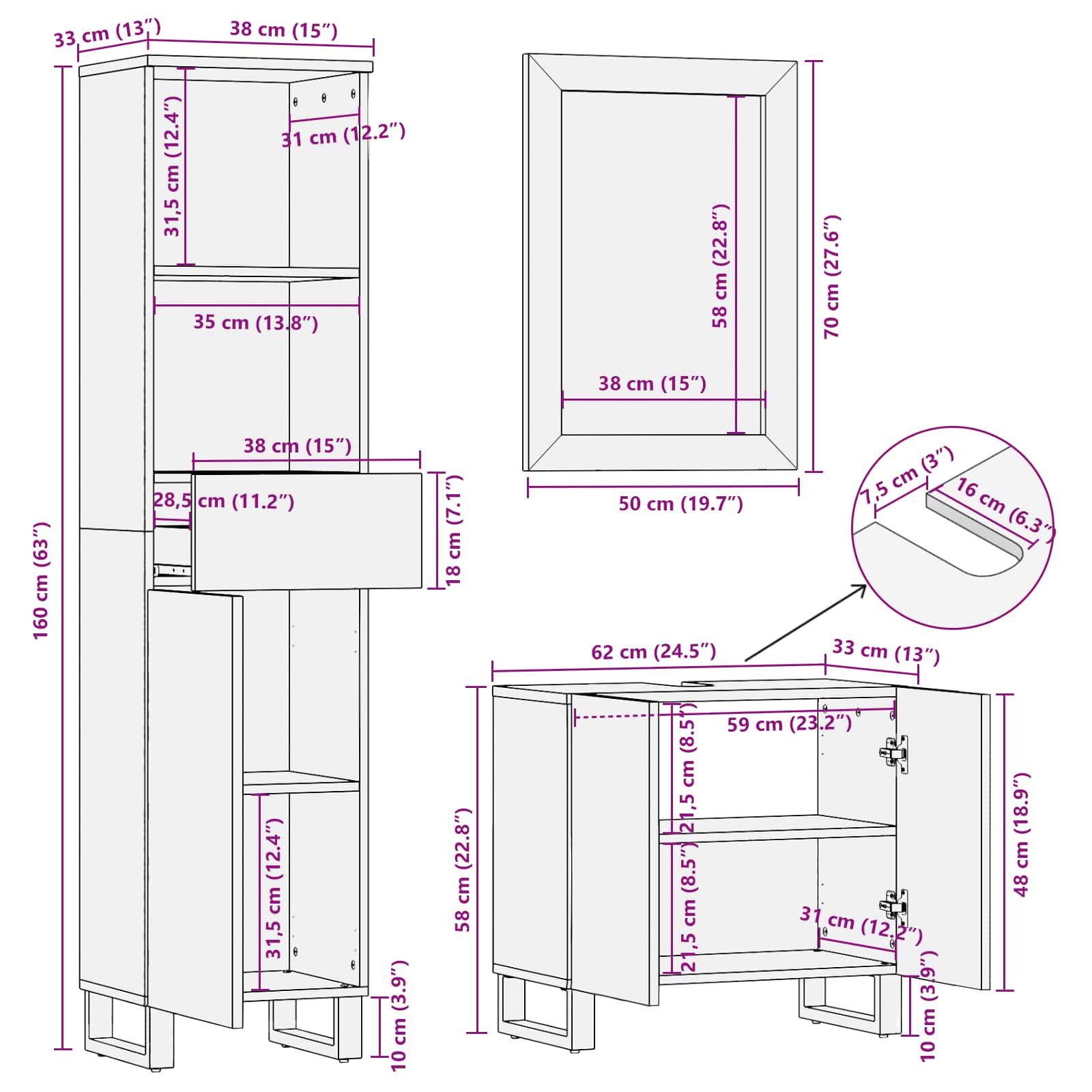 Juegos de Baño con cajón 3 pcs Natural Madera de mango maciza
