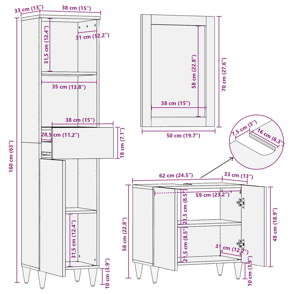 Juego de muebles de baño con cajón 3 pcs Madera de ingeniería