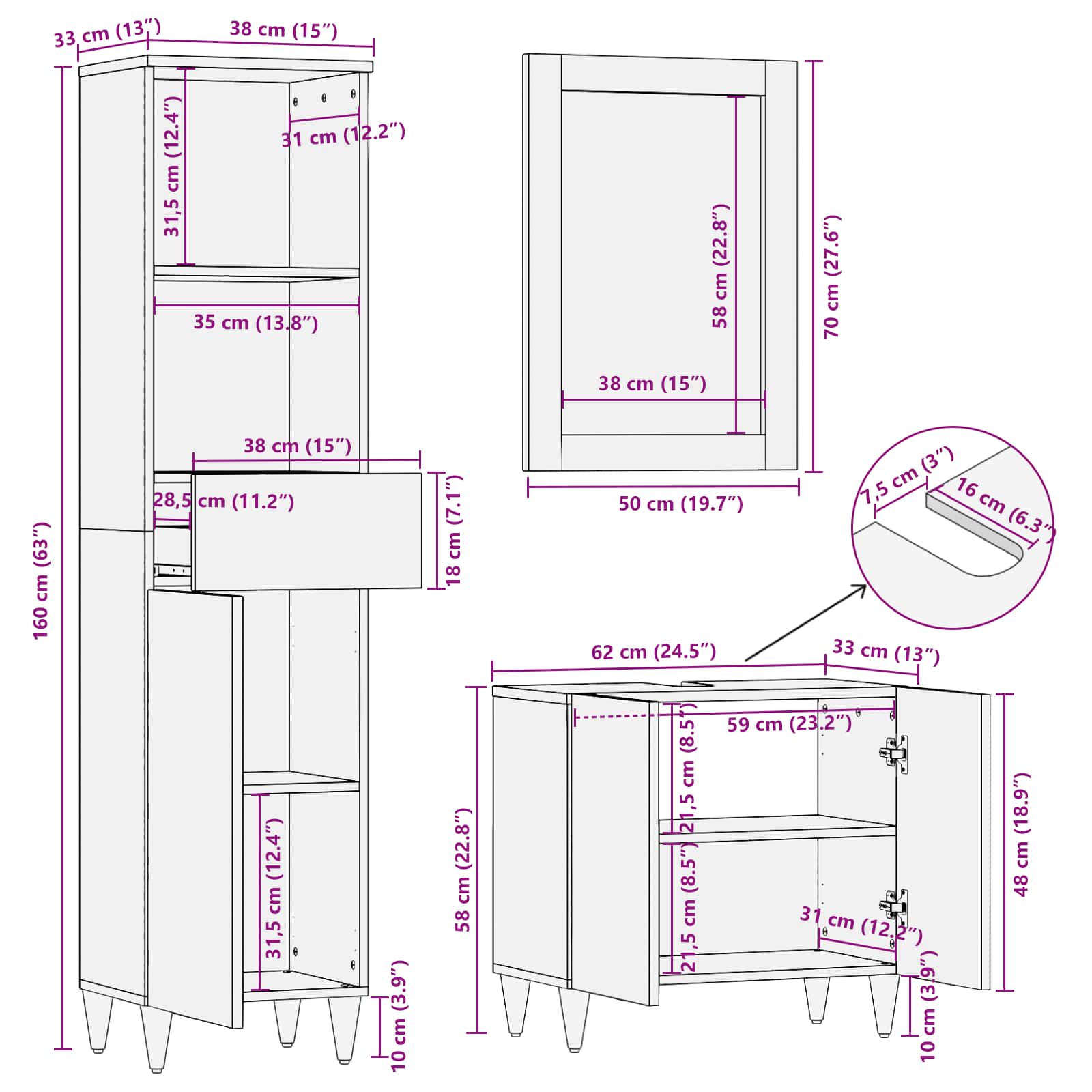 Juego de muebles de baño con cajón 3 pcs Madera de ingeniería