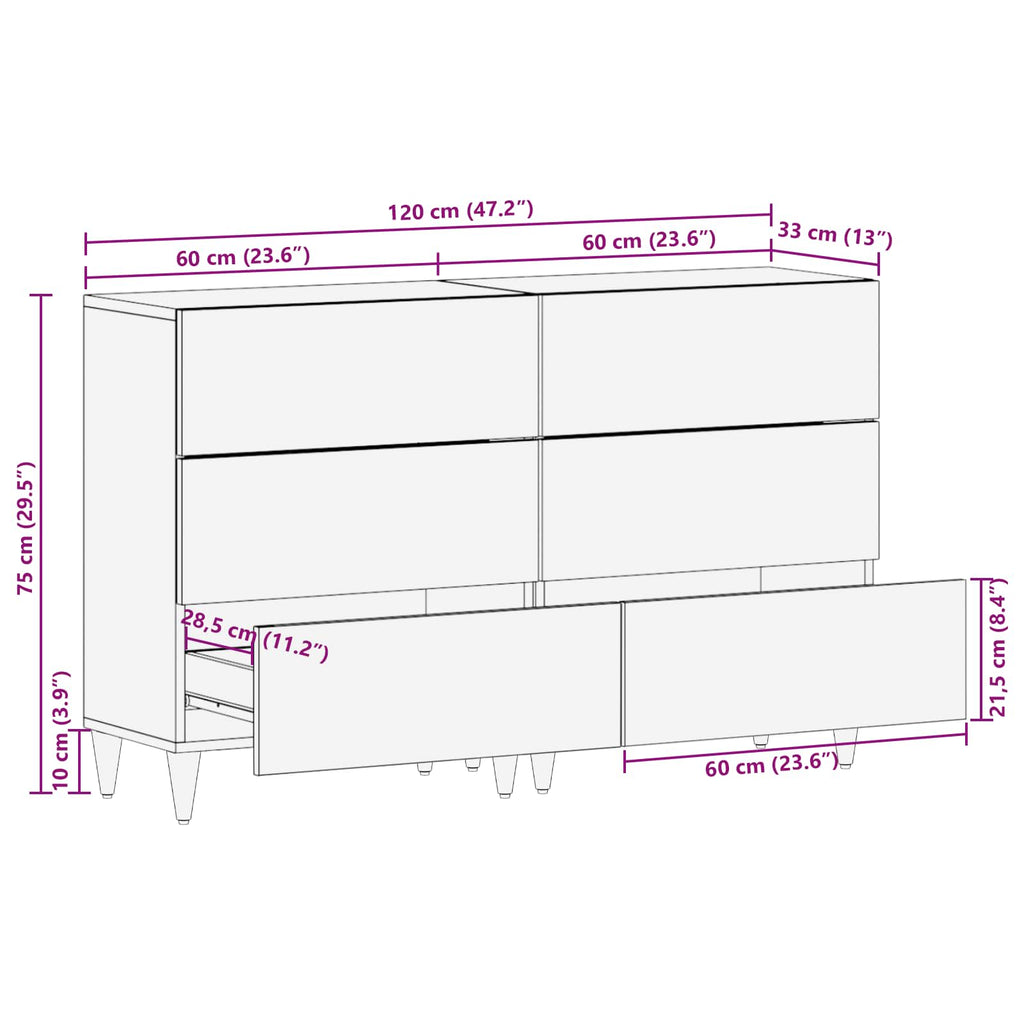 Aparador 2 pcs Nogal 60 x 33 x 75 cm Madera de mango maciza