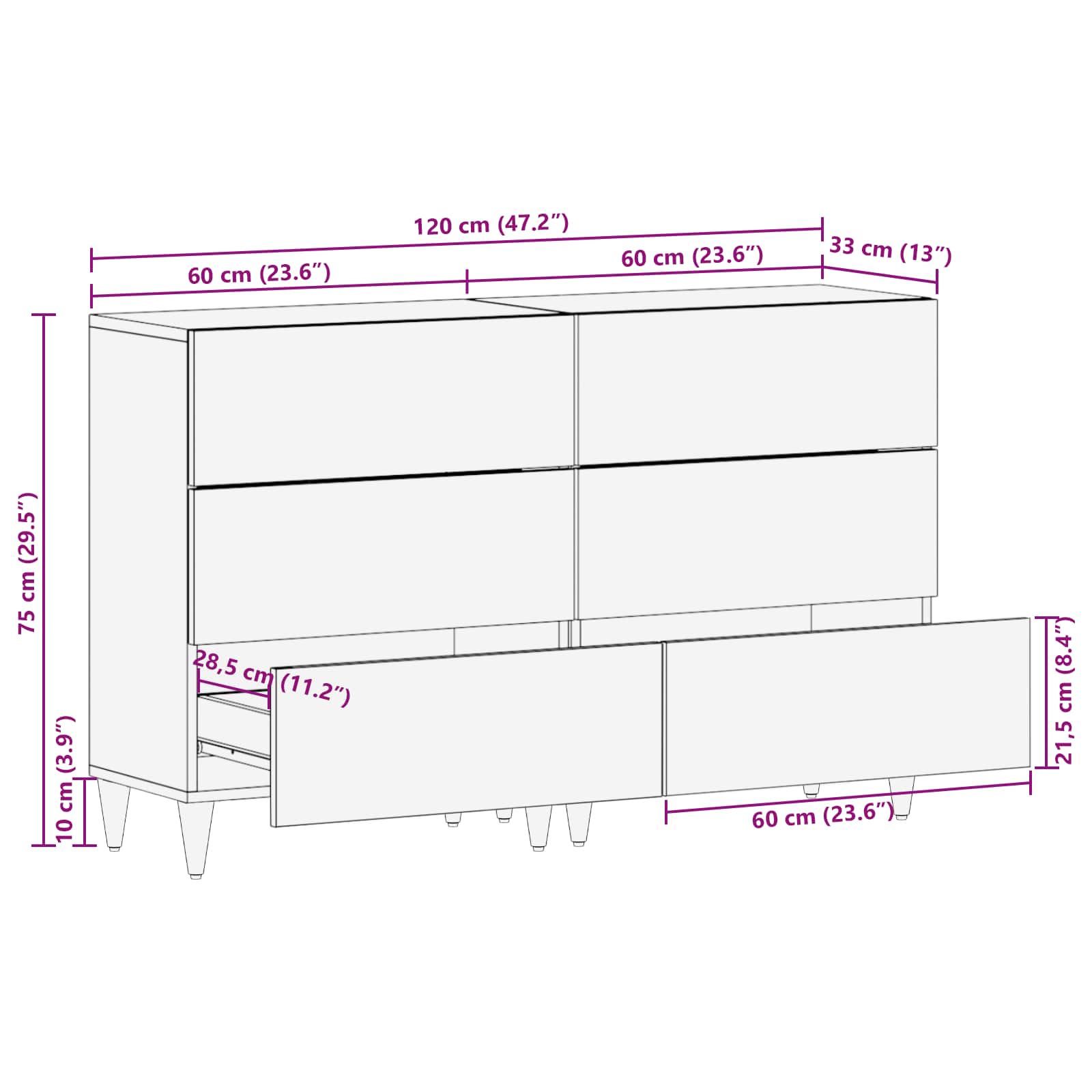 Aparador 2 pcs Nogal 60 x 33 x 75 cm Madera de mango maciza