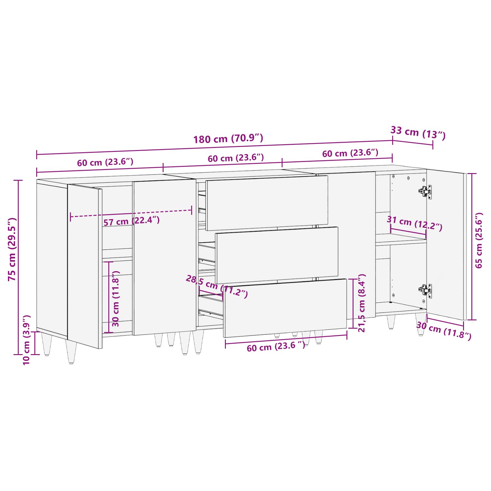 Aparador 3 pcs Nogal 60 x 33,5 x 75 cm Madera de mango maciza