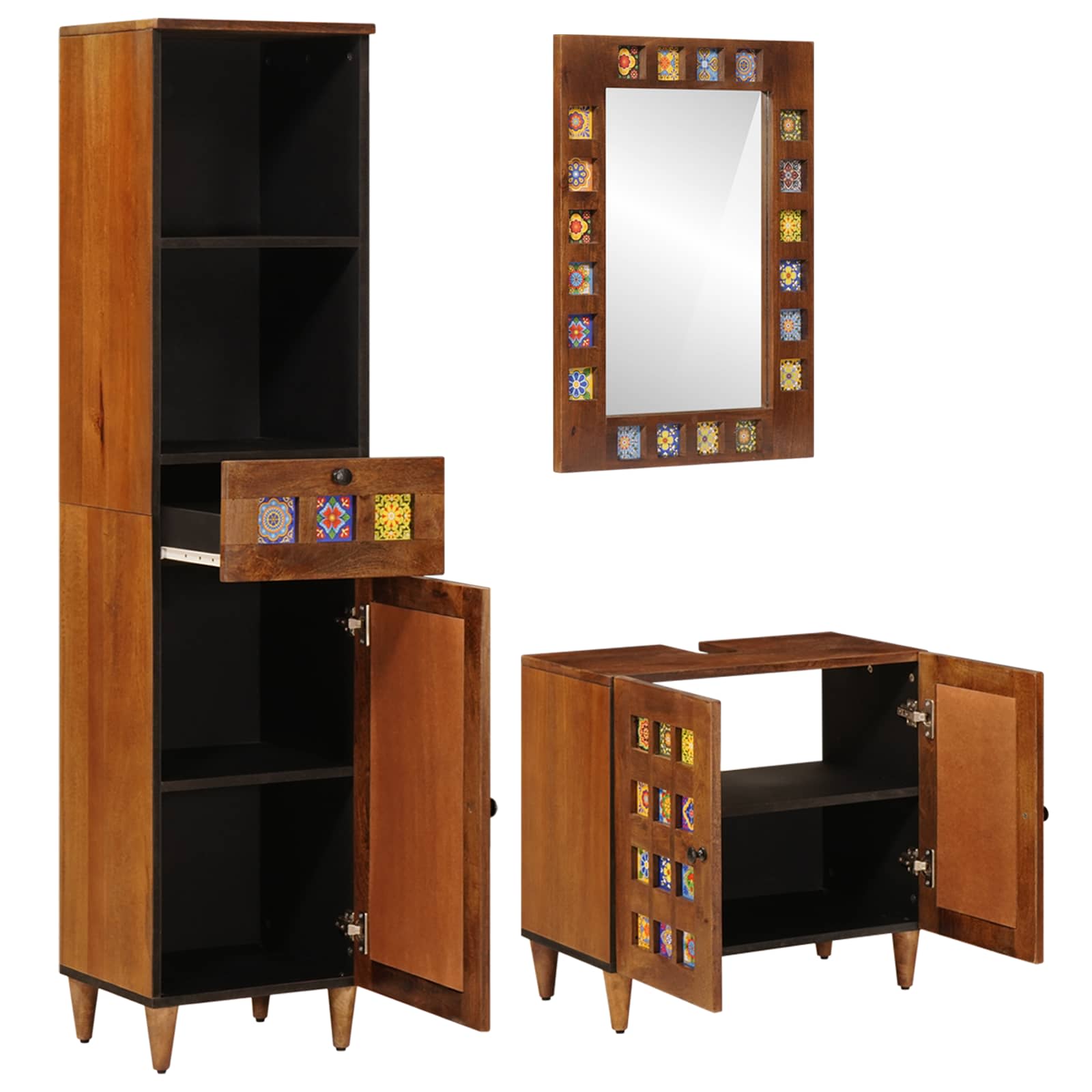 Juego de muebles de baño 3 pcs Nogal Madera de mango maciza