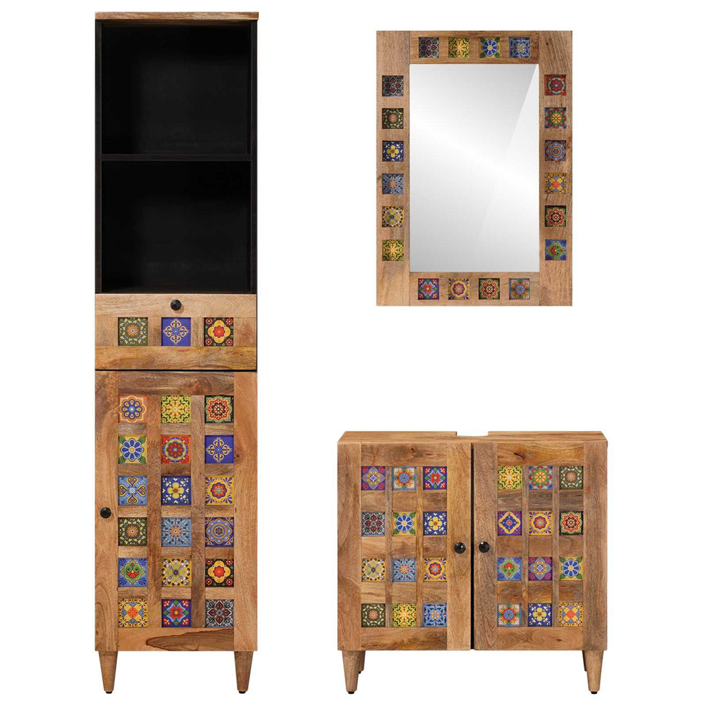 Juego de muebles de baño 3 pcs Natural Madera de mango maciza