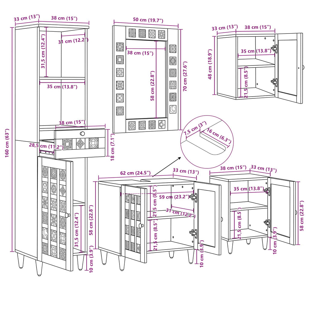 Juego de muebles de baño 5 pcs Natural Madera de mango maciza