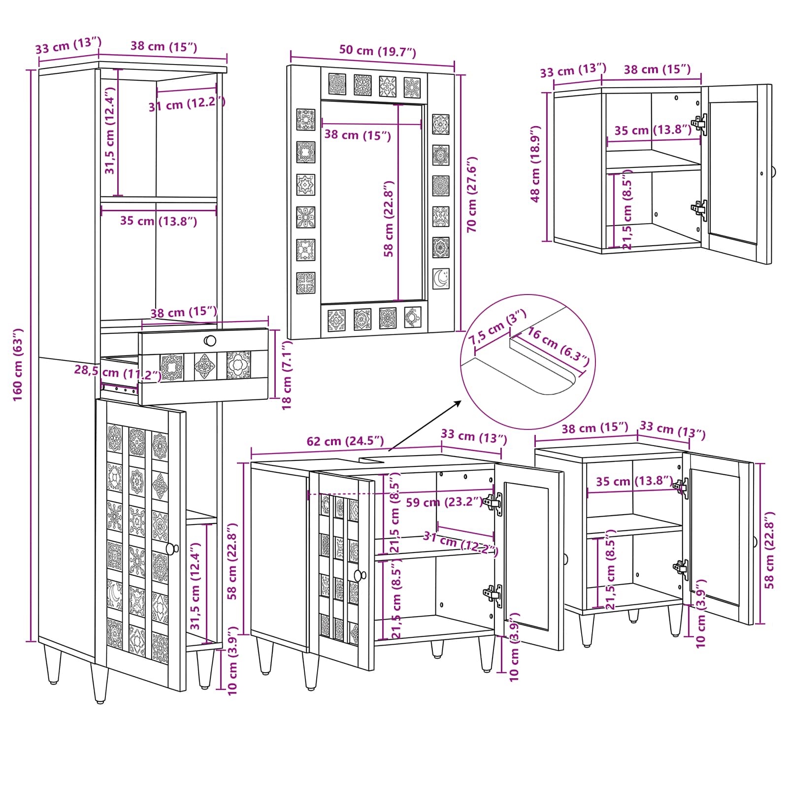 Juego de muebles de baño 5 pcs Natural Madera de mango maciza