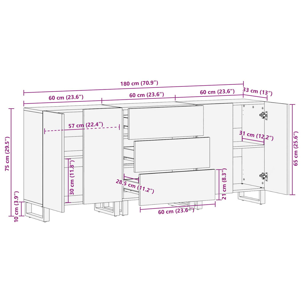 Aparador 3 pcs Marrón 60 x 33 x 75 cm Madera de mango maciza
