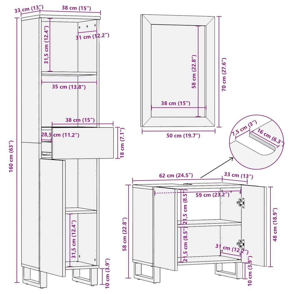 Juegos de Baño con cajón Natural Madera de mango maciza