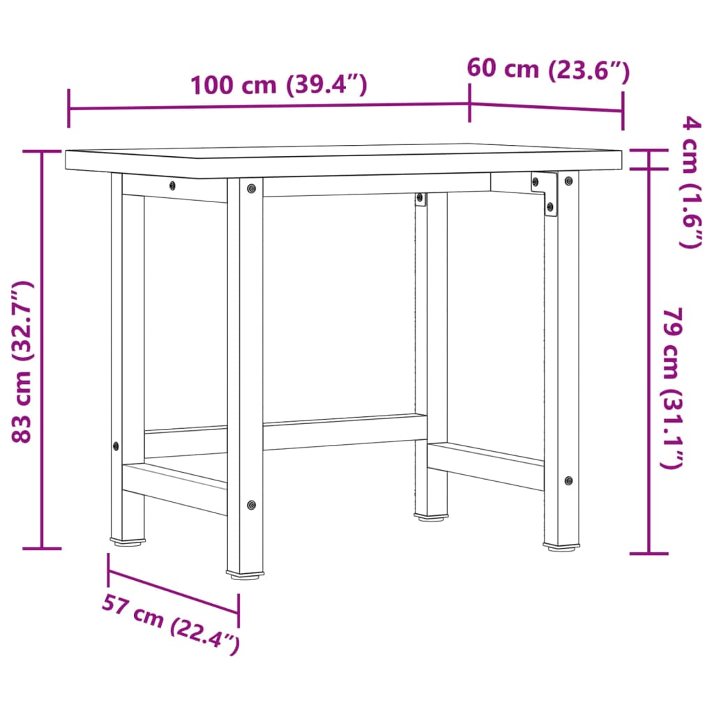 Banco de trabajo madera maciza acacia rectangular 100x60x83 cm