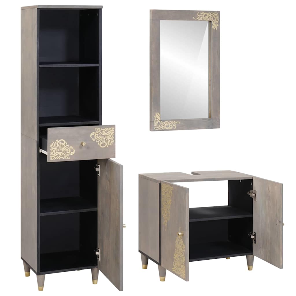 Juego de Muebles de Baño 3 pcs Gris Madera de mango maciza