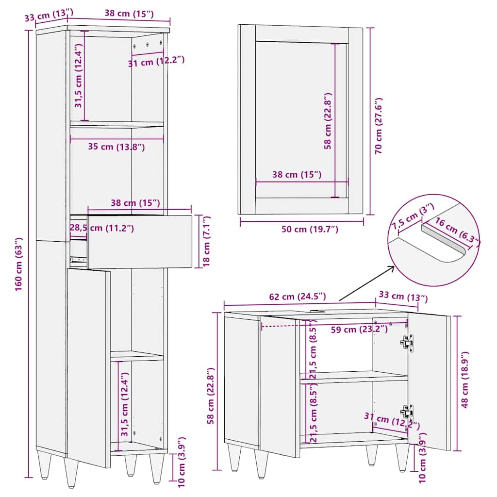 Juego de Muebles de Baño 3 pcs Gris Madera de mango maciza