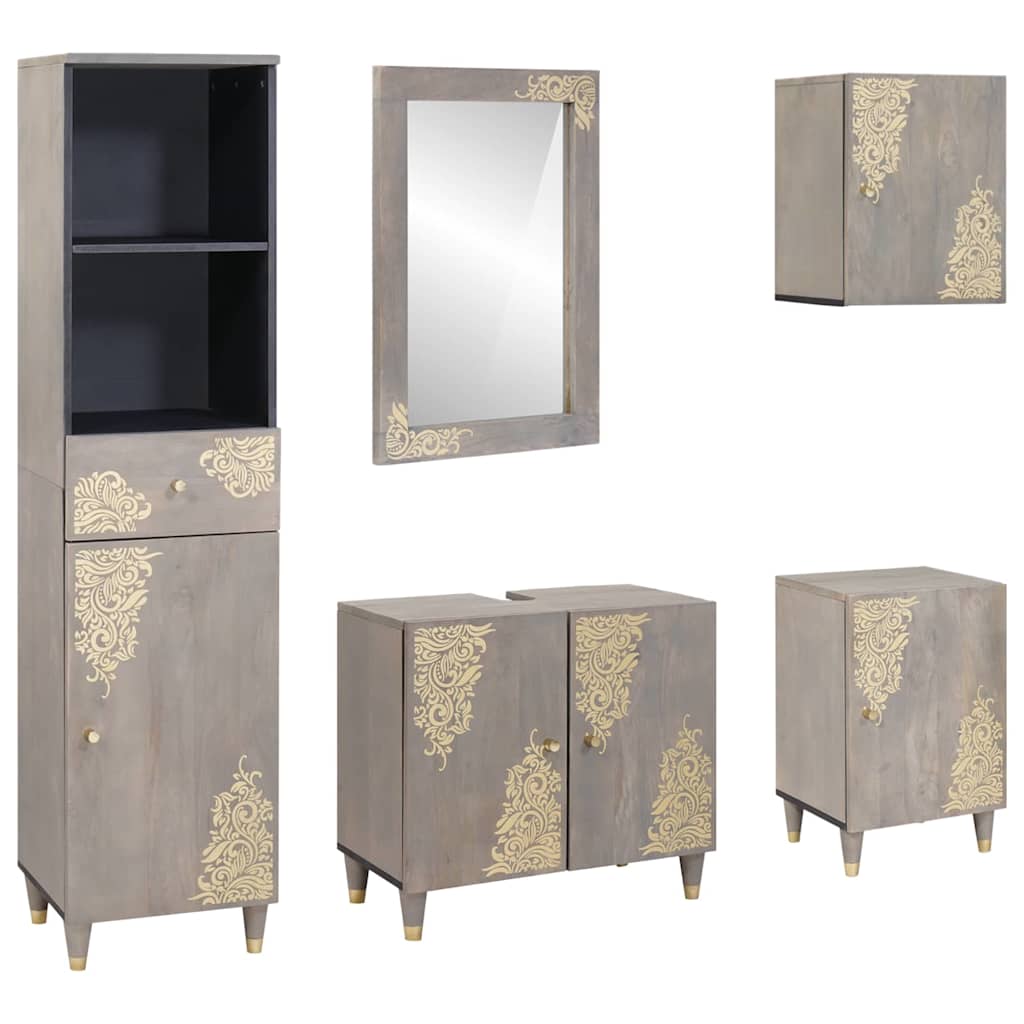 Juego de Muebles de Baño 5 pcs Gris Madera de mango maciza