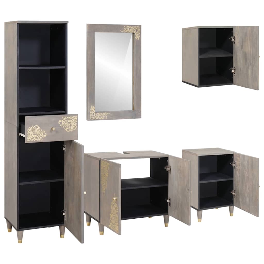 Juego de Muebles de Baño 5 pcs Gris Madera de mango maciza