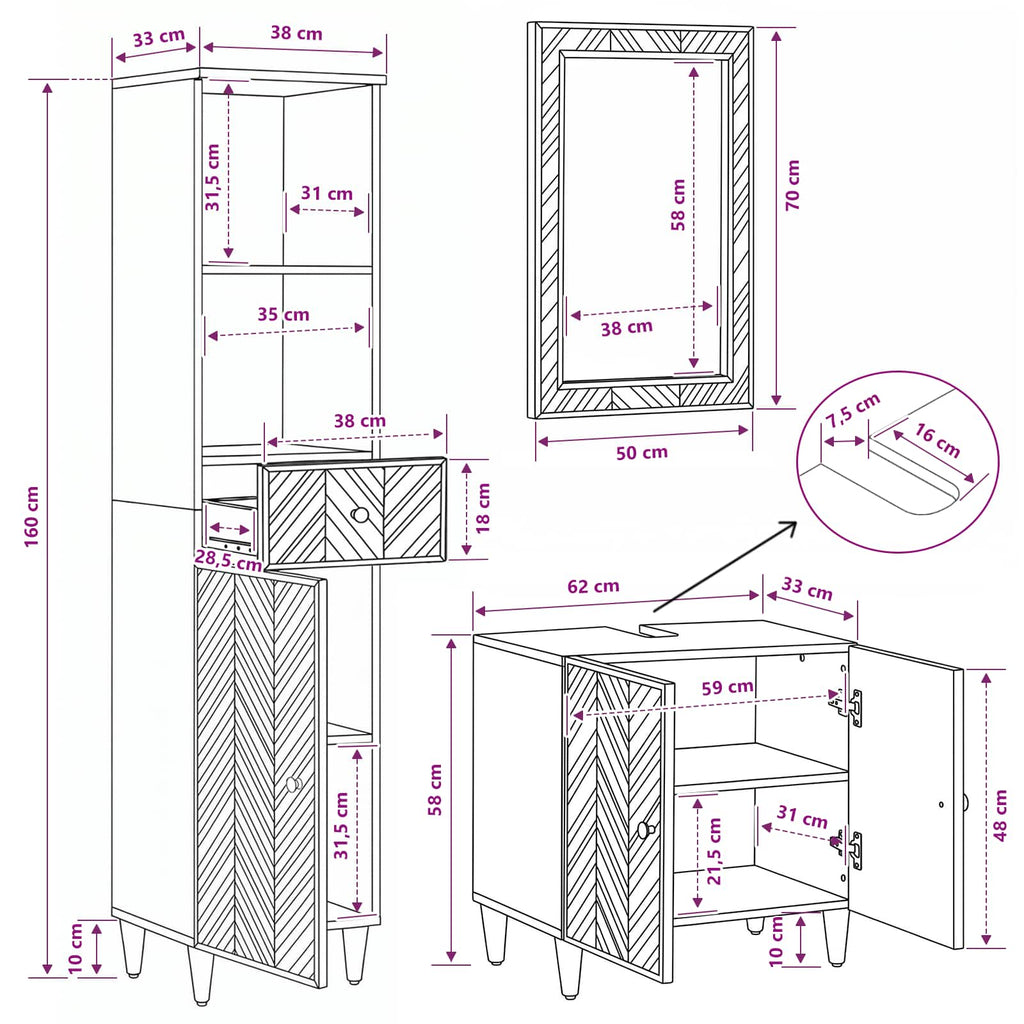 Juego de Muebles de Baño con cajón 3 pcs Madera de mango maciza