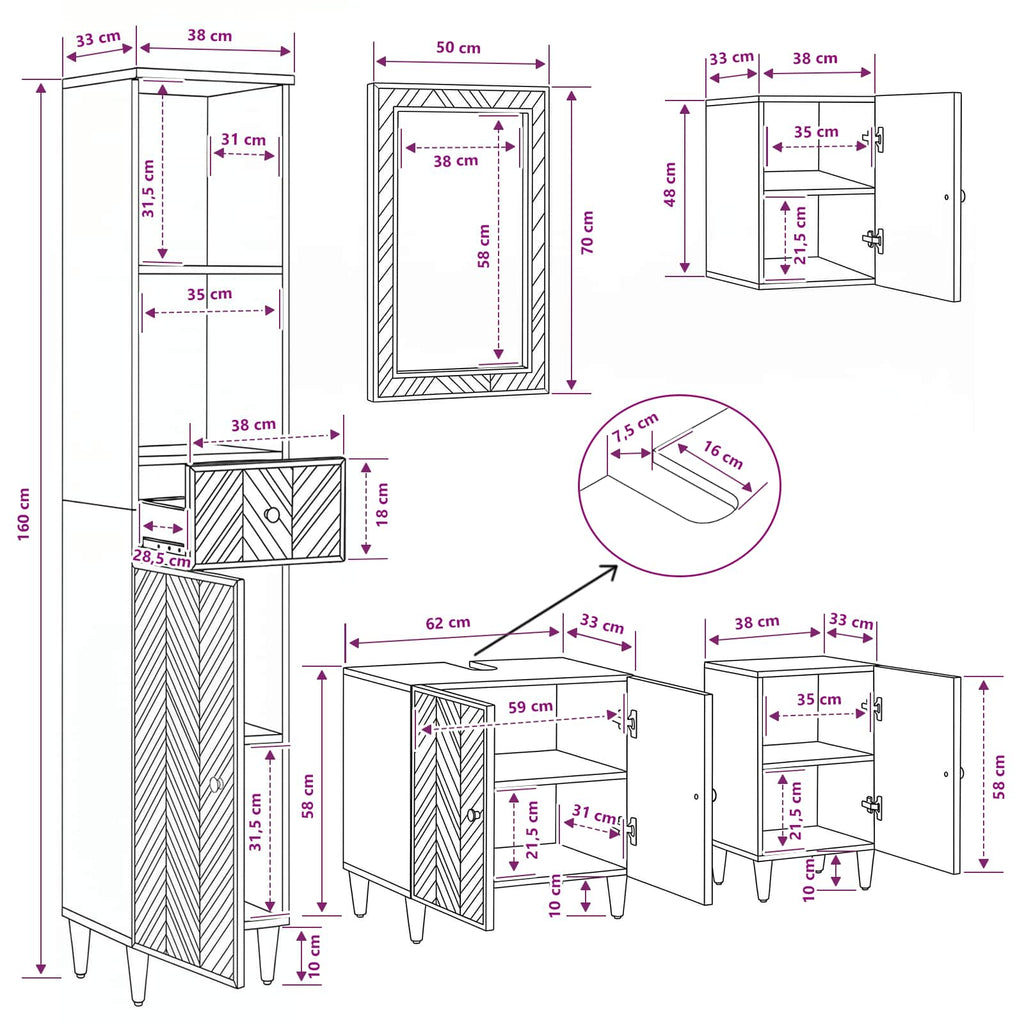 Juego de Muebles de Baño con cajón 5 pcs Madera de mango maciza
