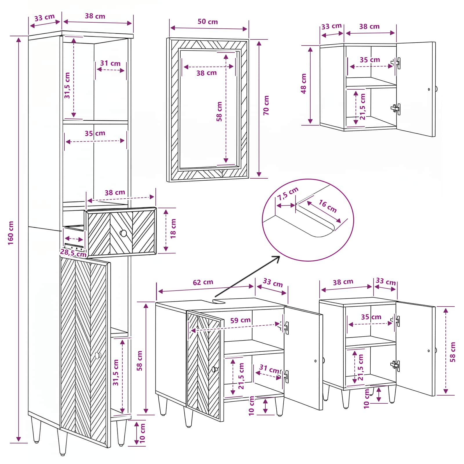 Juego de Muebles de Baño con cajón 5 pcs Madera de mango maciza