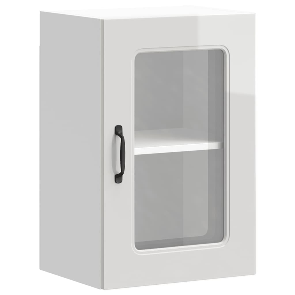 Armario de cocina de pared con puerta de cristal "Kalmar" de, madera de ingeniería blanca brillante