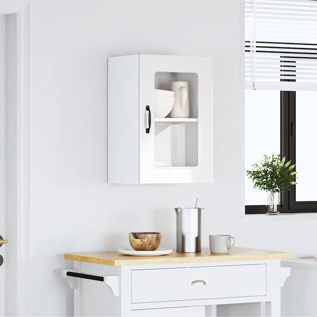 Armario de cocina de pared con puerta de cristal "Kalmar" de, madera de ingeniería blanca brillante