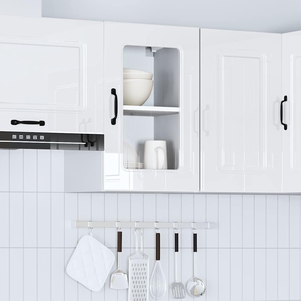 Armario de cocina de pared con puerta de cristal "Kalmar" de, madera de ingeniería blanca brillante