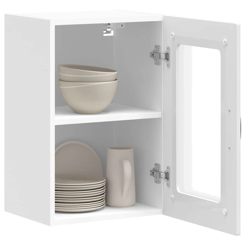Armario de cocina de pared con puerta de cristal "Kalmar" de, madera de ingeniería blanca brillante