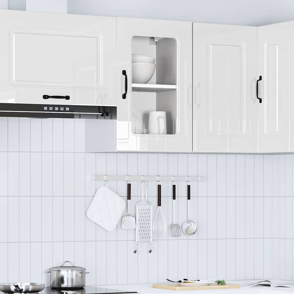 Armario de cocina de pared con puerta de cristal "Kalmar" de, madera de ingeniería blanca brillante