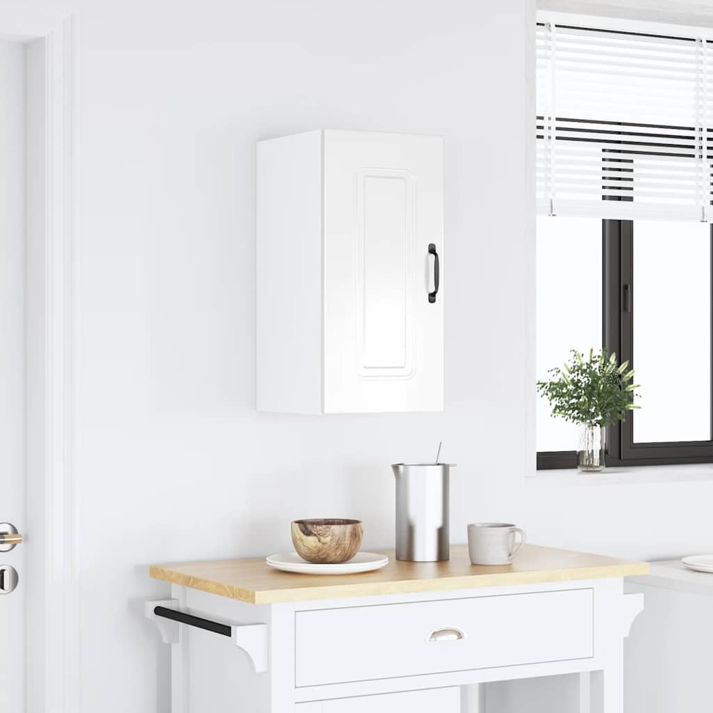 Armario de cocina de pared con puerta de cristal "Kalmar" de, madera de ingeniería blanca brillante