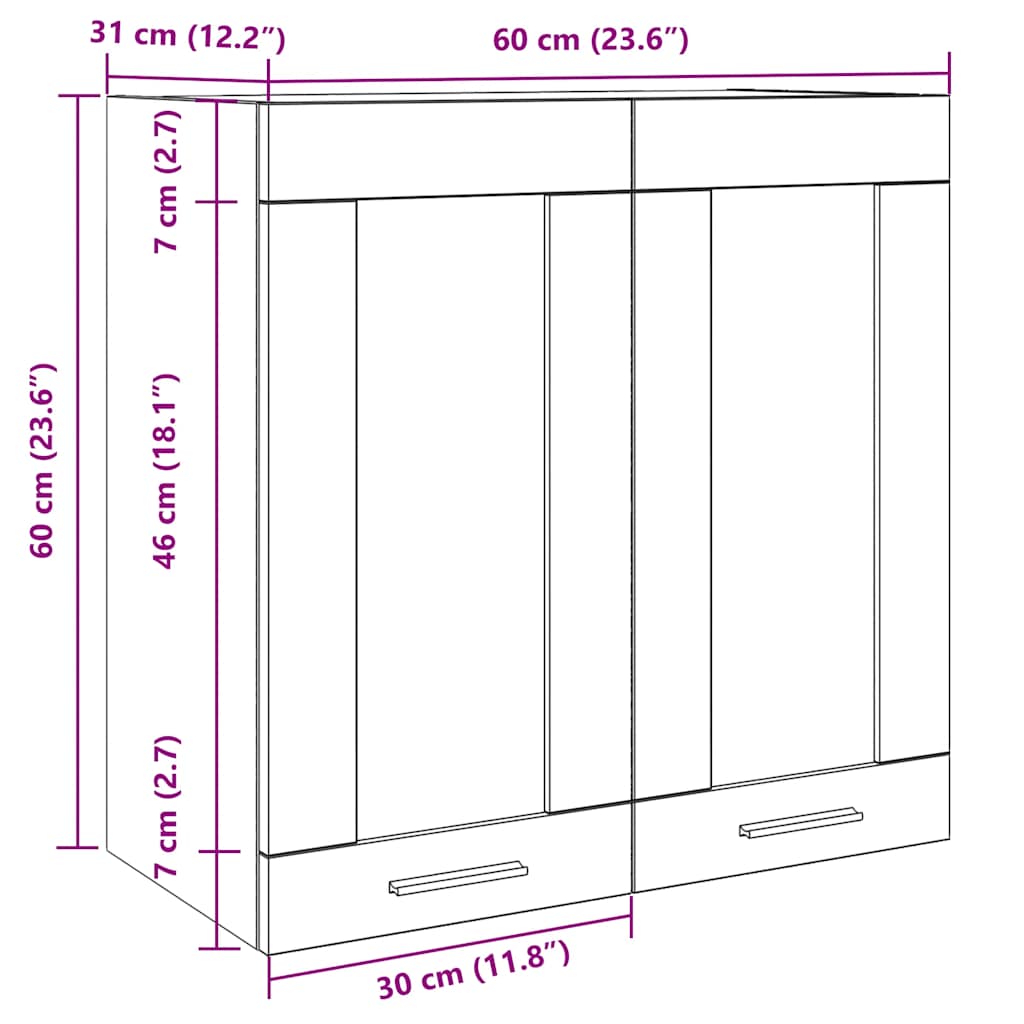 Armario de cocina de pared "Lyon" con puerta de cristal, madera vieja,, 60x31x60 cm
