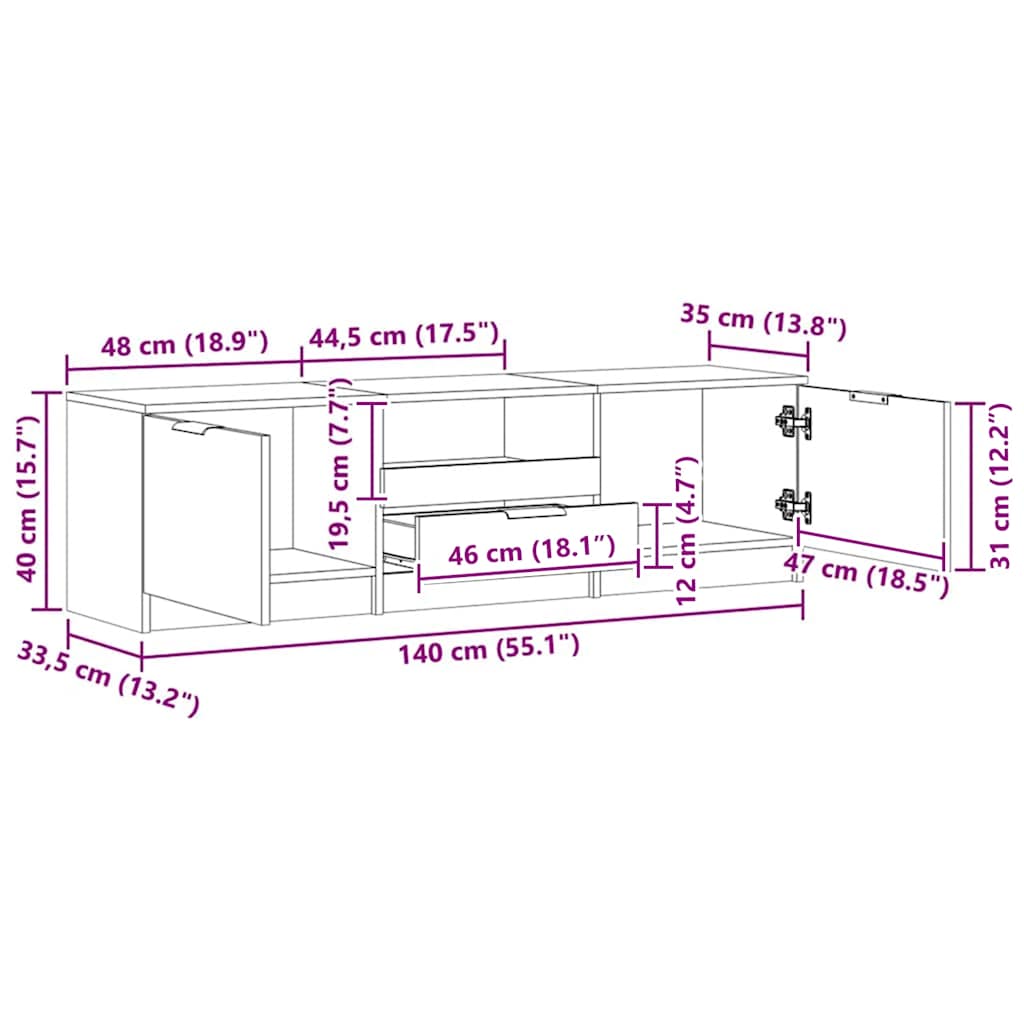 Mueble de TV roble artesanal 140x35x40 cm madera de ingeniería