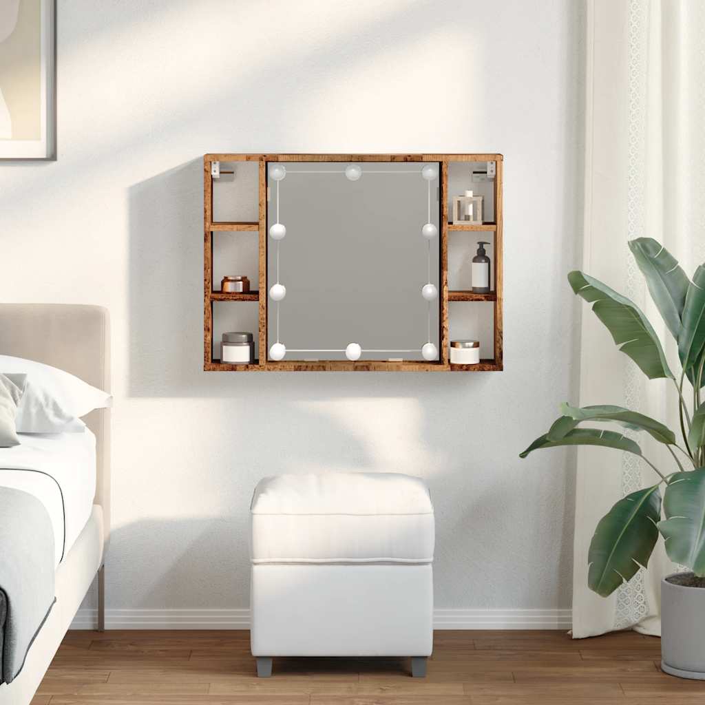 Mueble con espejo y LED madera ingeniería envejecida 76x15x55cm