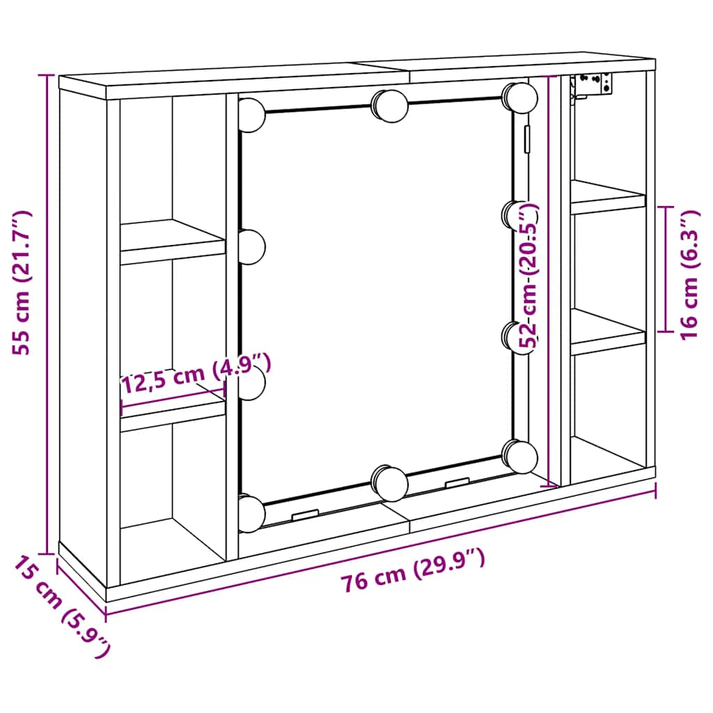 Mueble con espejo y LED madera ingeniería envejecida 76x15x55cm