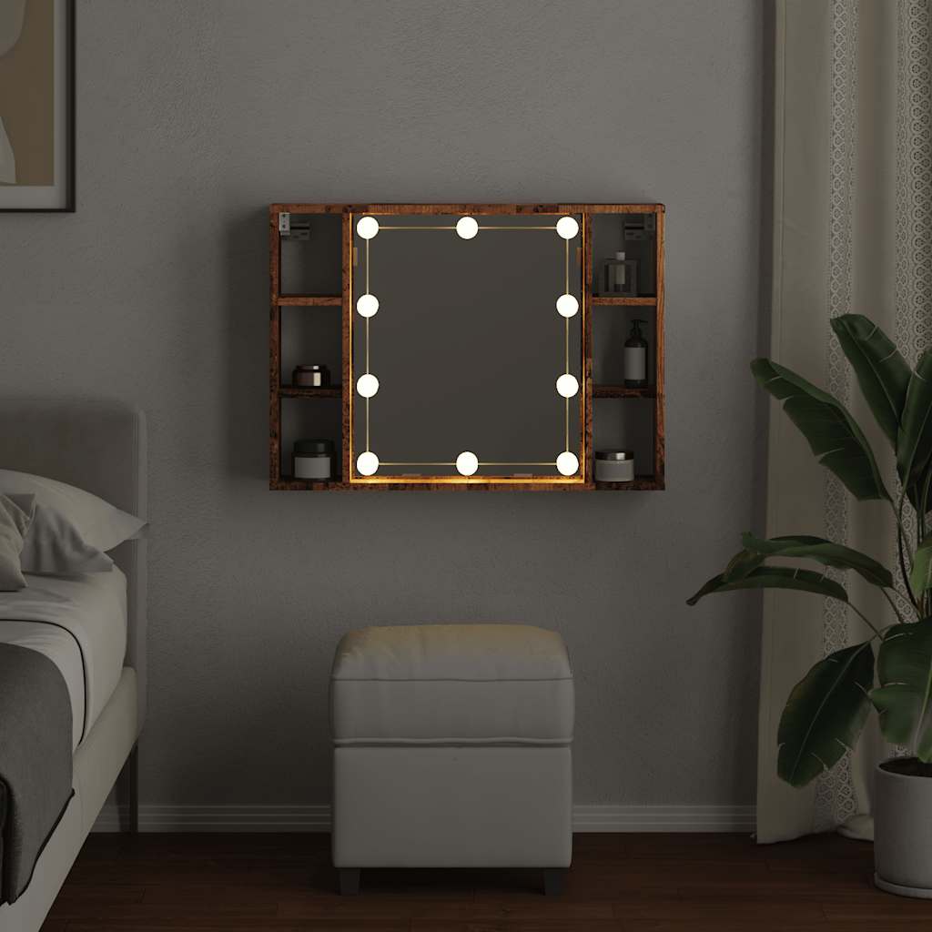 Mueble con espejo y LED madera ingeniería envejecida 76x15x55cm